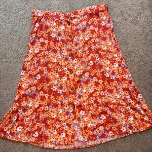 LOFT Outlet Orange Floral Print Midi Skirt With Button Front XL